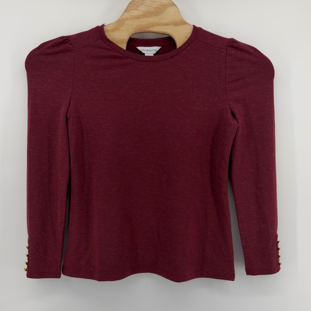 Liz Claiborne Burgundy Marled Puff Sleeve Crew Neck Long Sleeve Top Small new